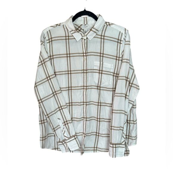 J. Crew Women’s Flannel Button Front Window Pane Cream Tan. Size Large - Picture 1 of 6